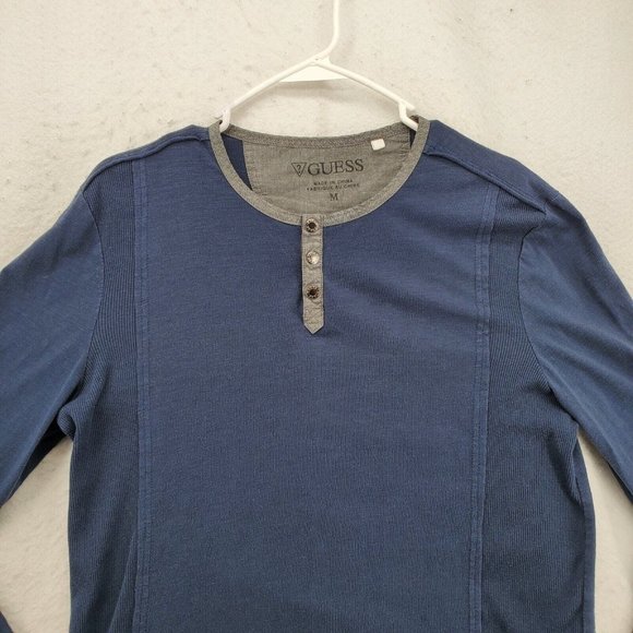 Guess Shirt Men's Long Sleeve Snap Up Henley Pullover Tee Blue Medium - Picture 7 of 12